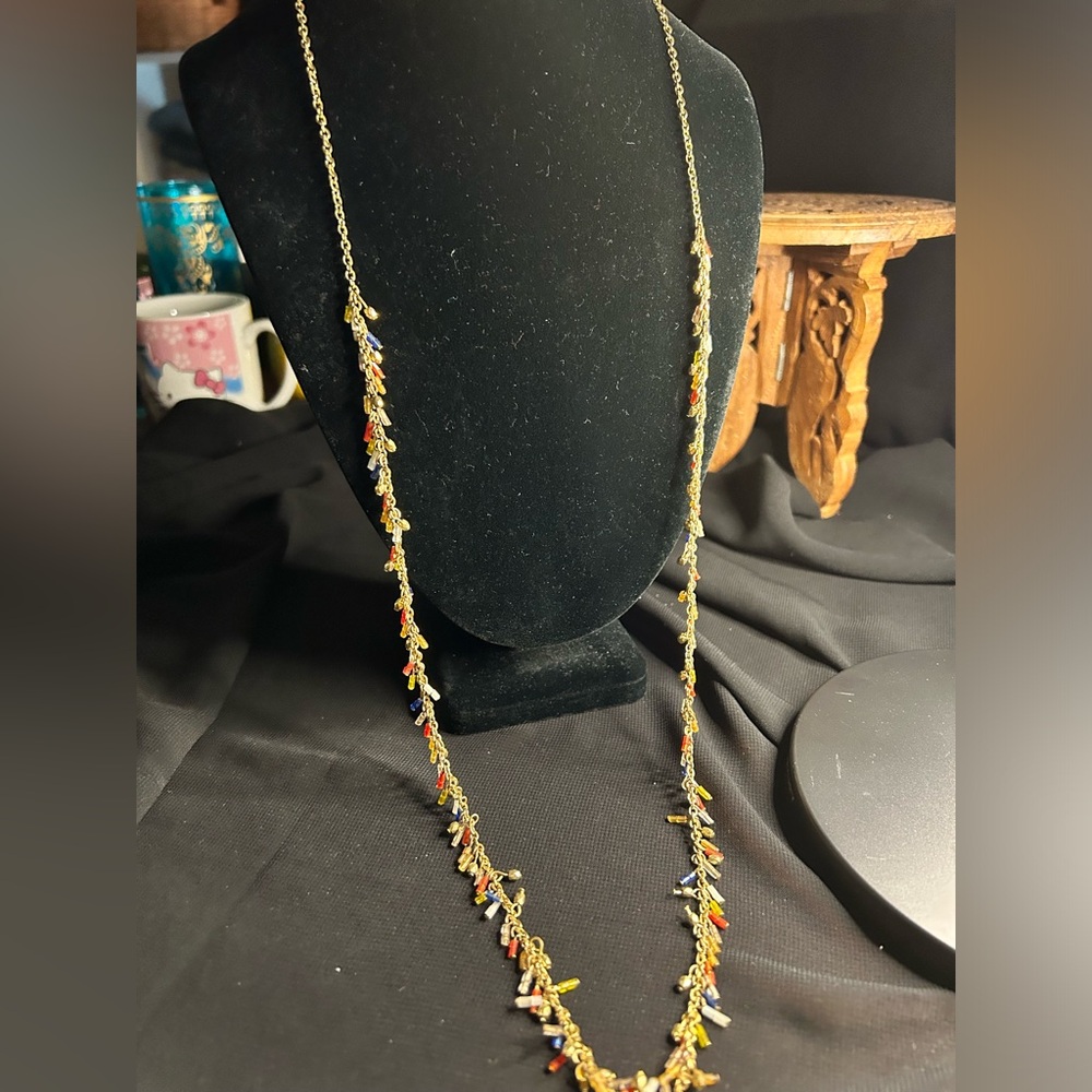 SQUIRE Tagged VTG Long gold tone Metal and multi colored bead necklace.